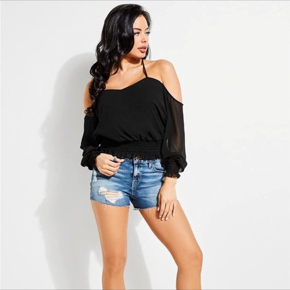 GUESS Black Cold Shoulder Blouse with Criss Cross Detail - Picture 8 of 8
